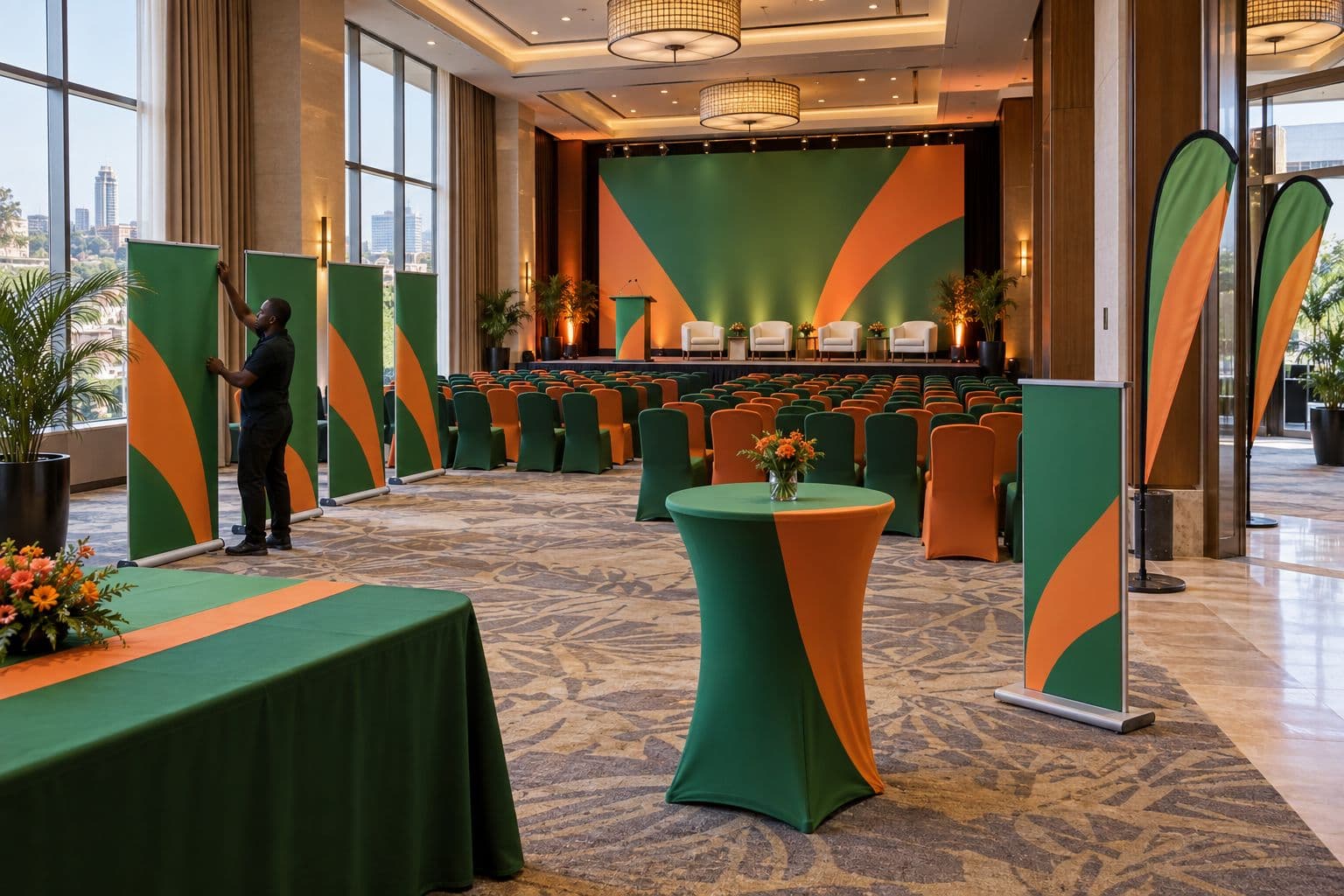 Conference hall dressed in green and orange with a stage backdrop, branded podium, roll-up banners and flags