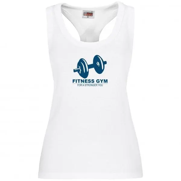 White racerback sleeveless top printed with a dumbbell and Fitness Gym logo, Sleeveless Tops, Hensa