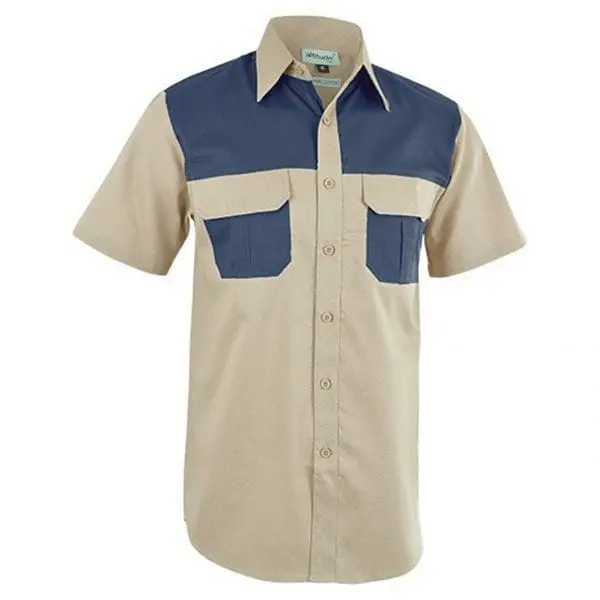 Khaki and navy short-sleeve Robertson shirt with two chest pockets, Hensa
