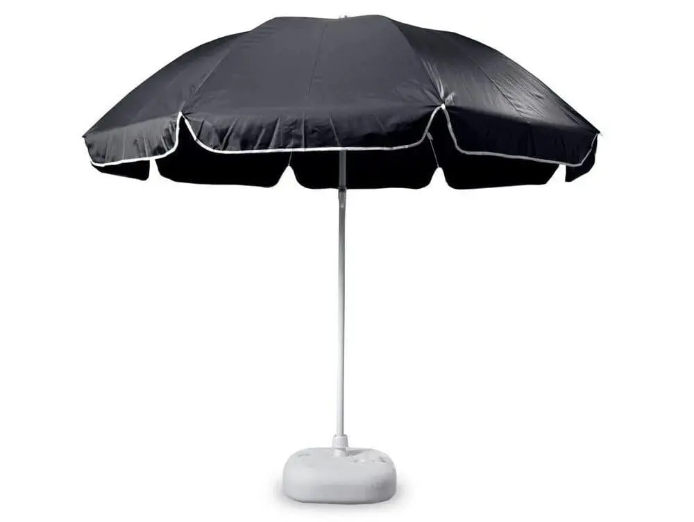 Black 42 inch garden umbrella with white trim on a white base, Hensa