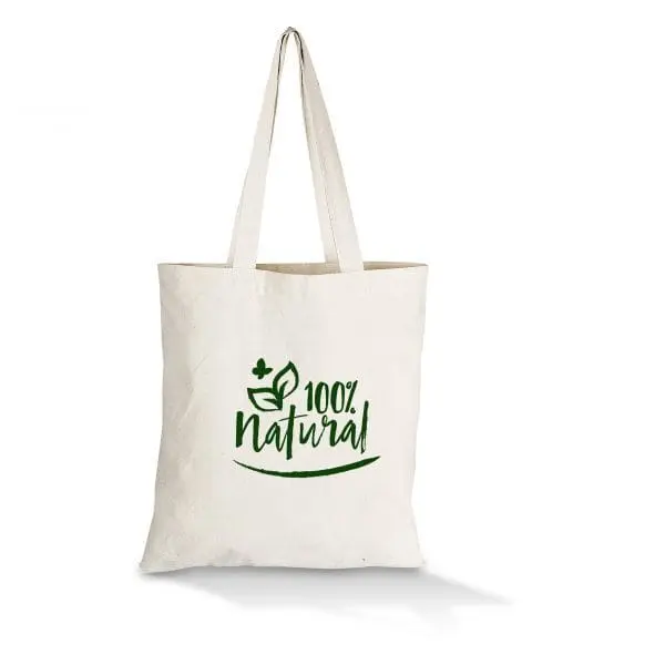 Natural off-white tote bag with long handles printed with a green 100% Natural logo, Hensa