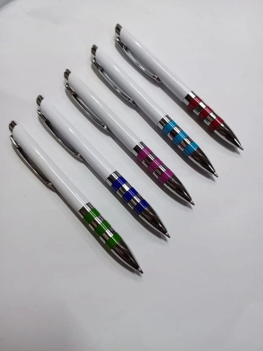 White pens with silver clips and coloured rings, Hensa