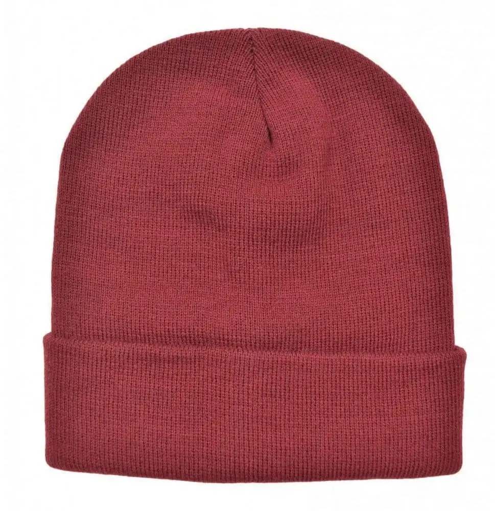 Maroon knitted cuffed beanie, model #428, Hensa