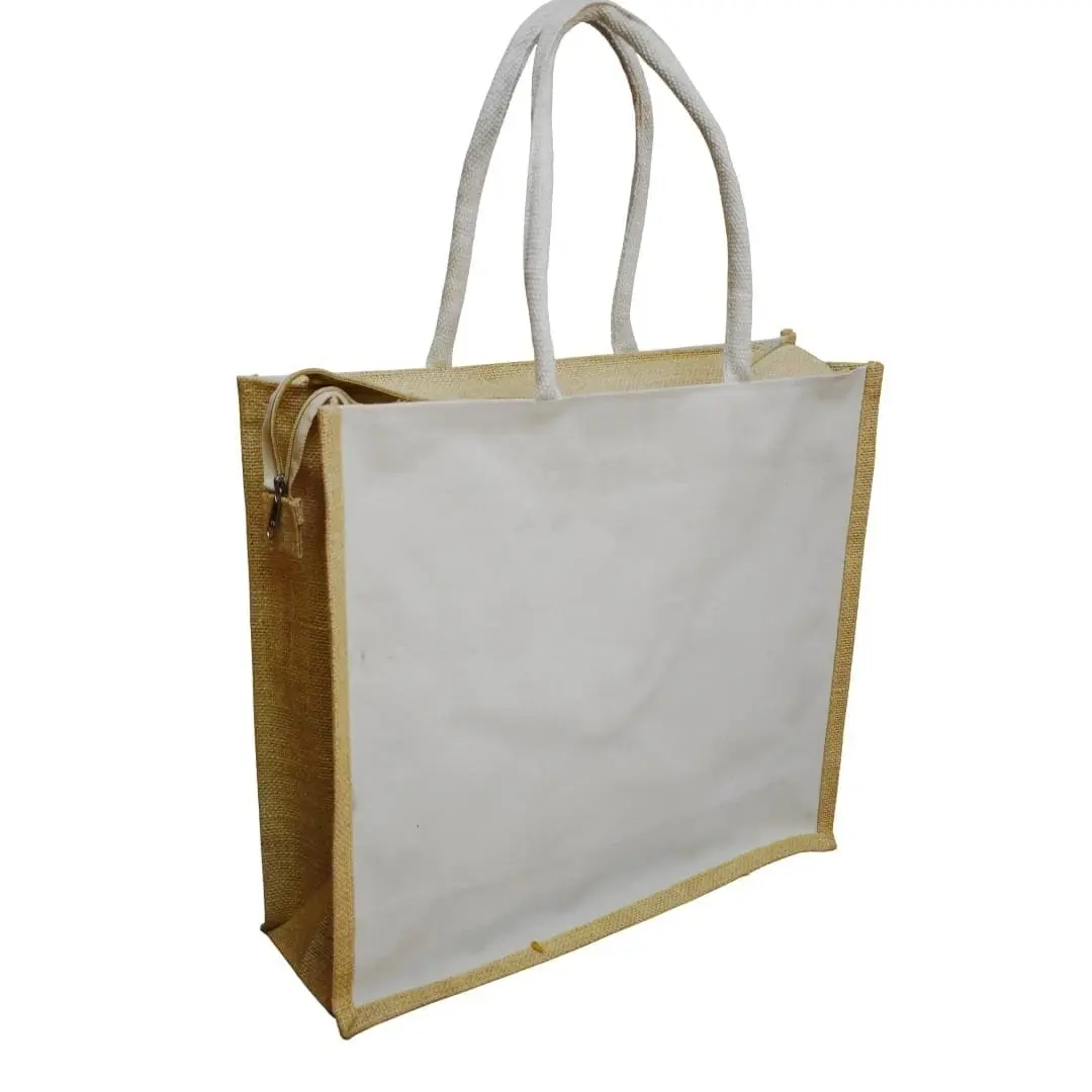 A3 bag with a full cream canvas front, jute sides and edging, white handles and a side zip, Hensa