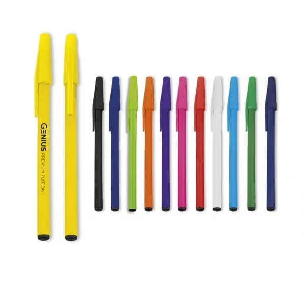 Yellow Aruba ball pen printed with a logo beside a row of stick pens in many colours, Hensa