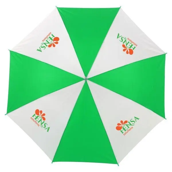 Green and white panel umbrella viewed from above with Hensa logo on each white panel, Hensa Panel Umbrellas