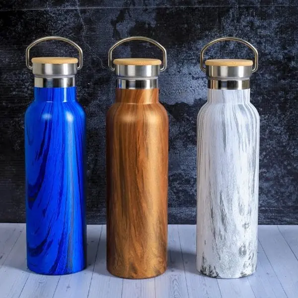 Three thermal flasks in blue, wood-grain and marble finishes with wooden lids, Hensa Thermal Flask Wooden