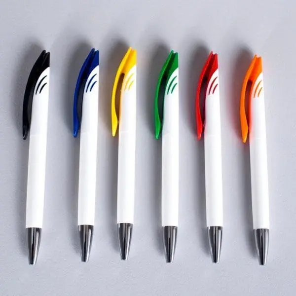 Six Sharp Edge ball pens with white barrels, coloured clips and chrome tips, Hensa