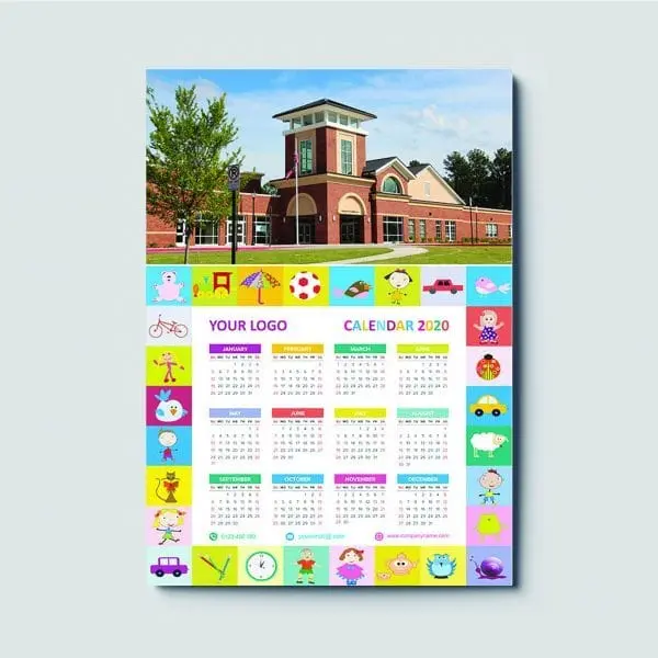 One leaf wall calendar with school photo, logo space and twelve months on one sheet, Hensa