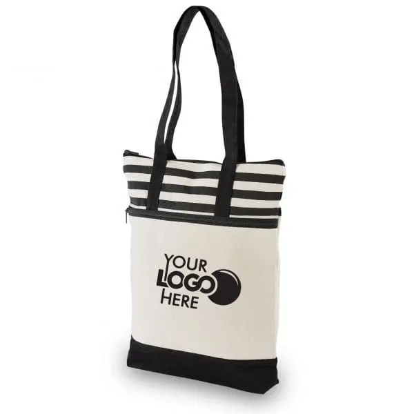 Cream tote bag with black striped zip top, black base and handles, Your Logo Here print, Hensa