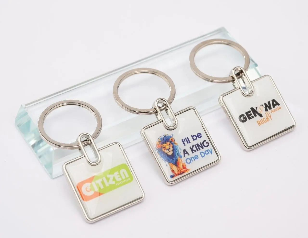 Three square metal keyholders with printed inserts, Hensa