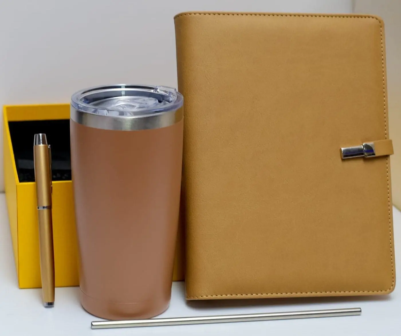 Tan notebook, stainless tumbler with straw and pen, Hensa