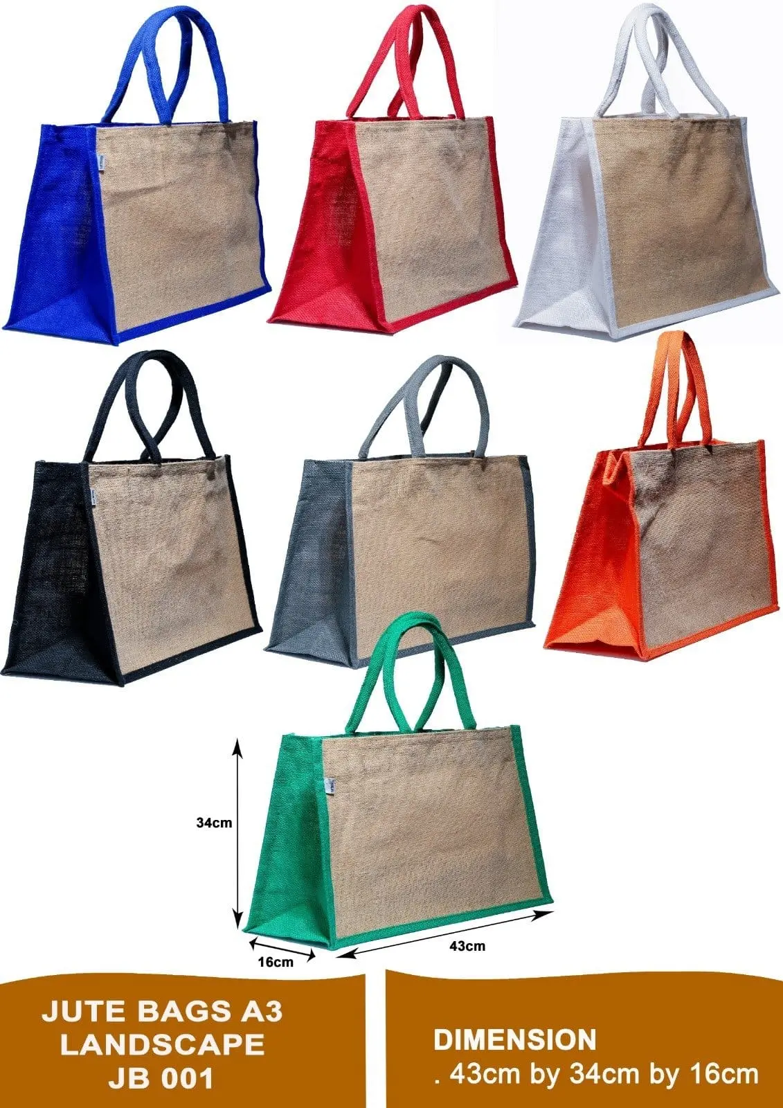 Seven A3 landscape jute bags in blue, red, white, black, grey, orange and green with natural fronts, Hensa