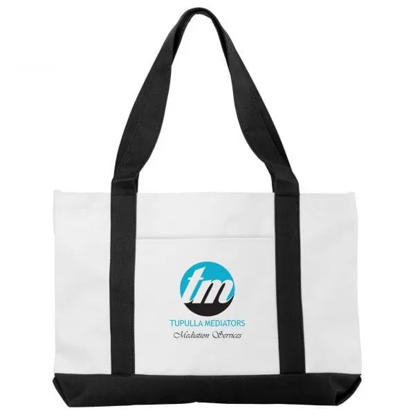White tote conference bag with black handles and base, printed with the Tupulla Mediators logo, Hensa