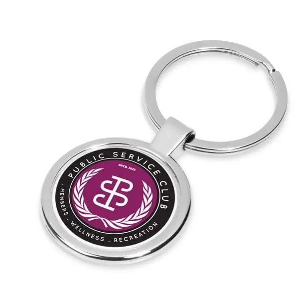 Round silver key ring with a domed full-colour club logo sticker, Domed Sticker Application, Hensa