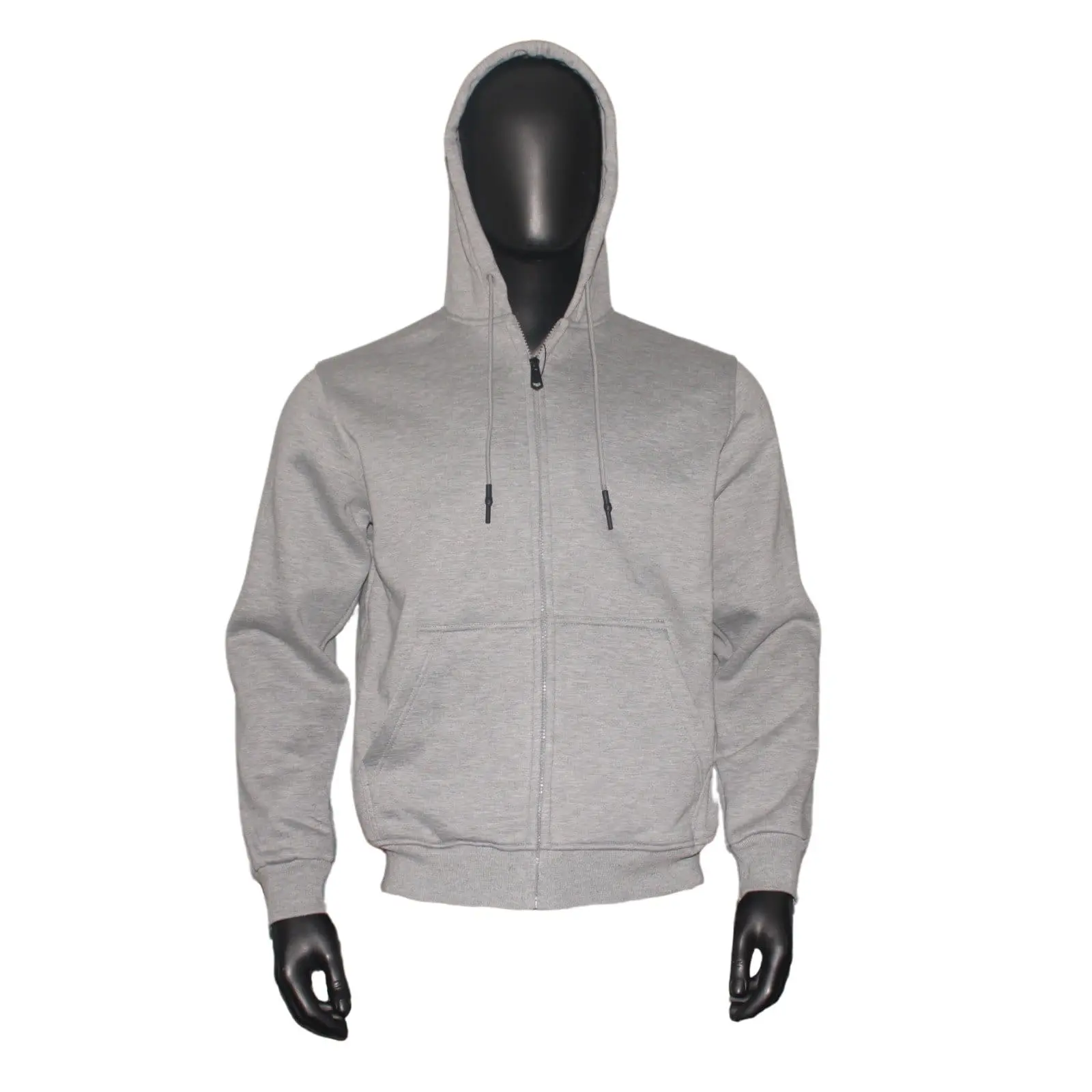 Light grey zipped hooded sweatshirt on a mannequin, front view, Hensa
