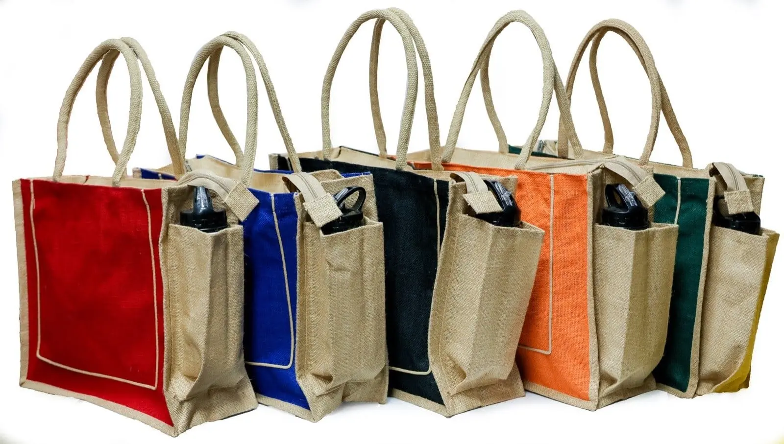 Five landscape jute bags in red, blue, black, orange and green with side bottle pockets, Hensa