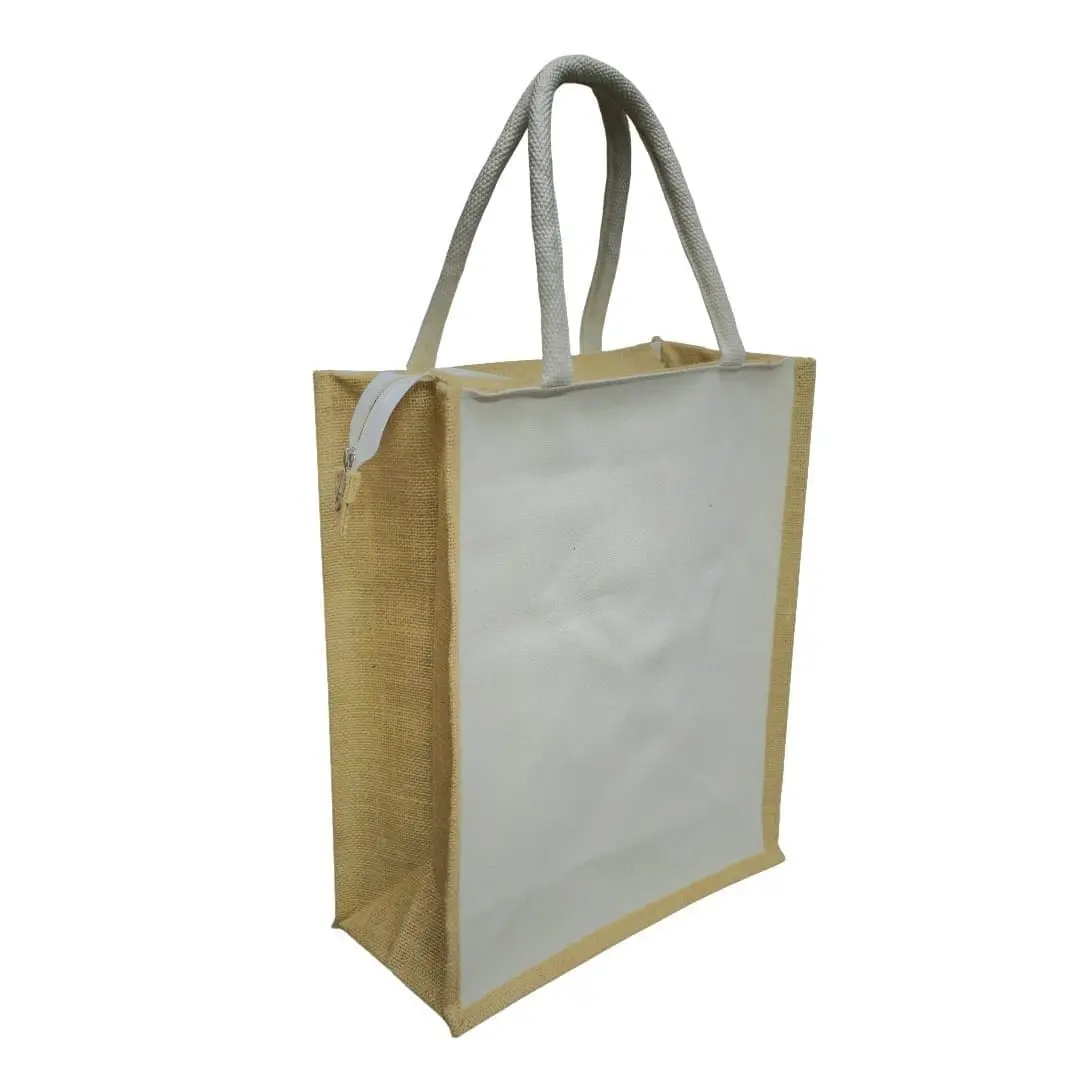 A4 bag with a full white canvas front, natural jute sides, white handles and a zip, Hensa