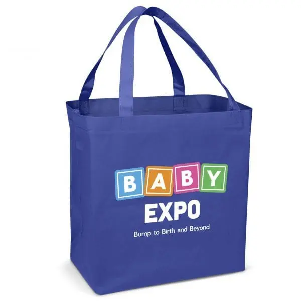 Blue 3D non-woven tote with long handles printed with a Baby Expo logo, 3D Non-Woven Bags, Hensa
