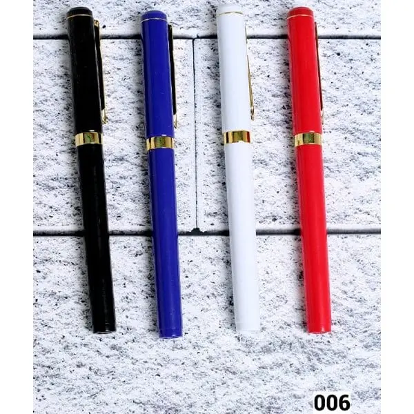 Black, blue, white and red capped plastic pens with gold-tone bands, Plastic Pens 002, Hensa