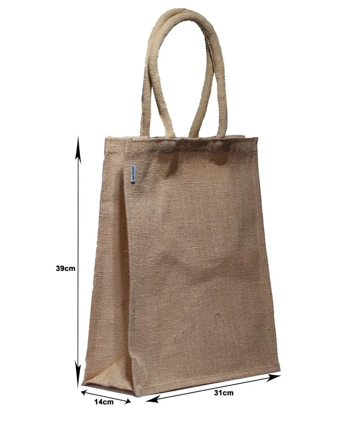 Natural jute bag with jute handles, marked 39 cm high, 31 cm wide and 14 cm deep, Hensa