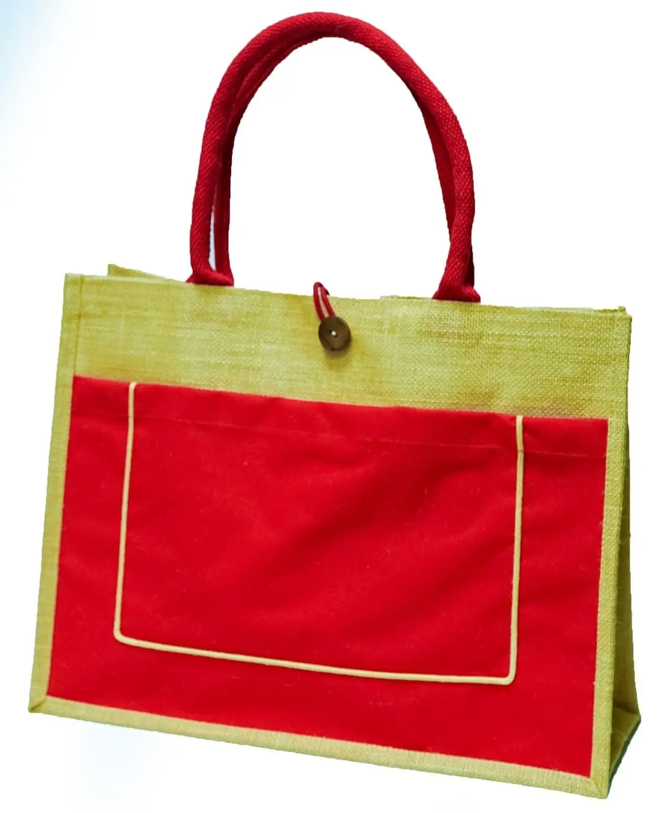 Jute bag with a red front pocket, a wooden button and red handles, Hensa