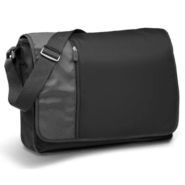Black messenger bag with grey side panel, zip pocket and an adjustable shoulder strap, Hensa