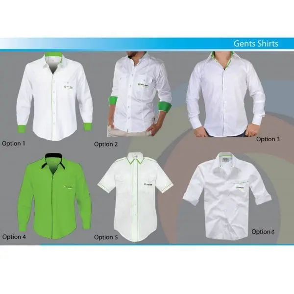 Six gents corporate shirt options in white and green with embroidered company logo, Hensa