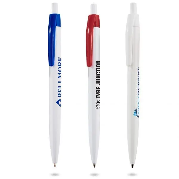 White Primary ball pens with blue, red and white clips printed with company logos, Hensa