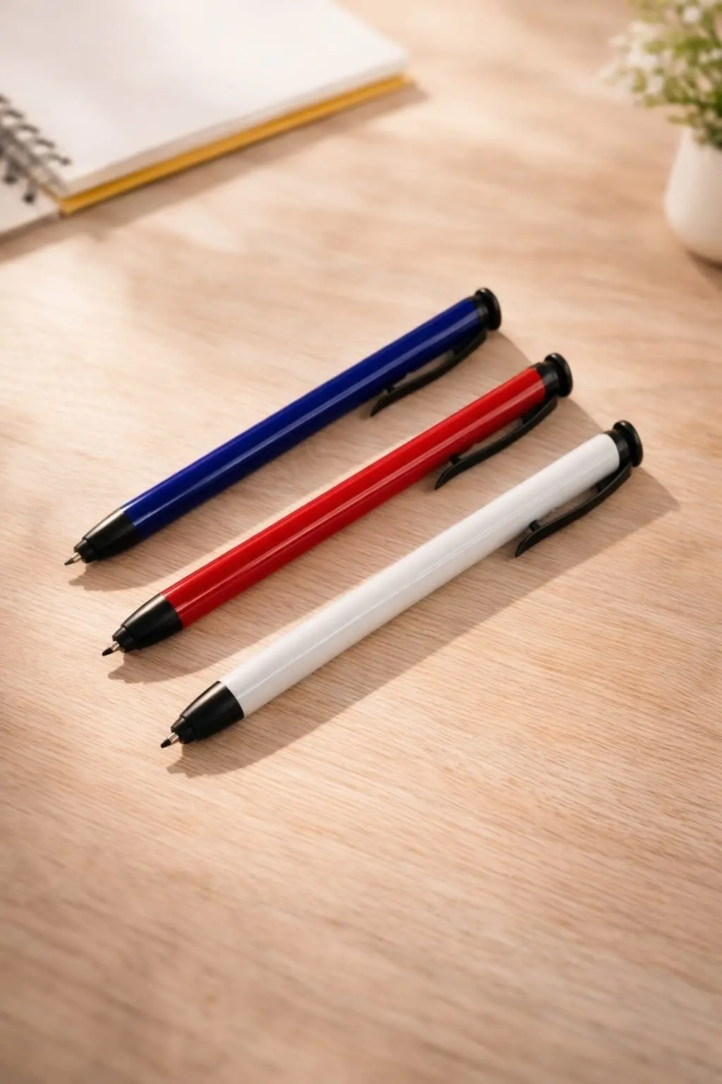 Three click pens in blue, red and white with black clips and tips, Hensa