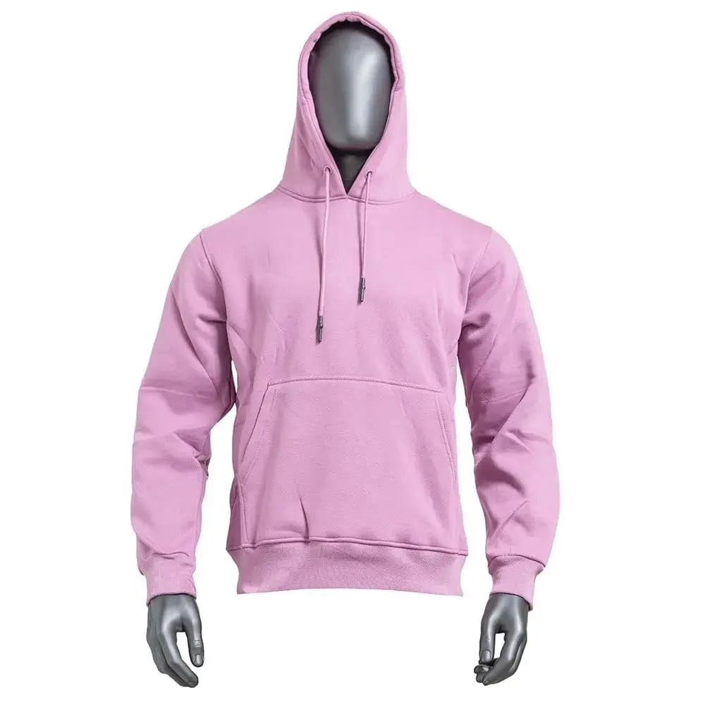 Pink pullover hoodie with a drawstring hood and a front pouch pocket on a display mannequin, Hensa