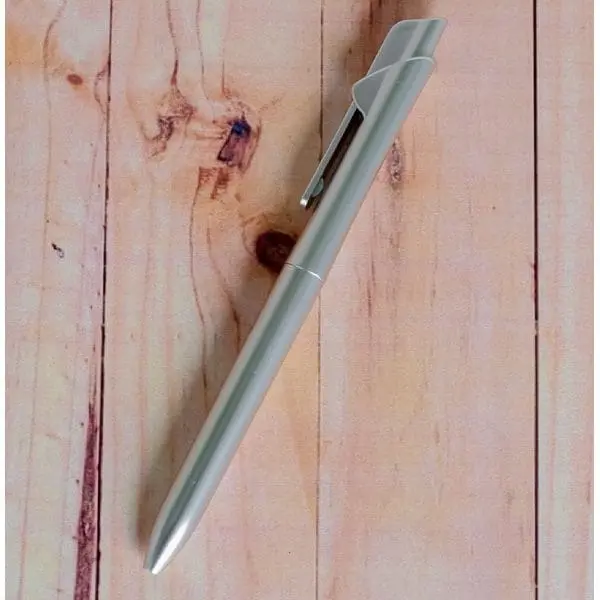 Silver metallic-finish plastic twist pen with a swept clip on pale wood, Plastic Pens 005, Hensa