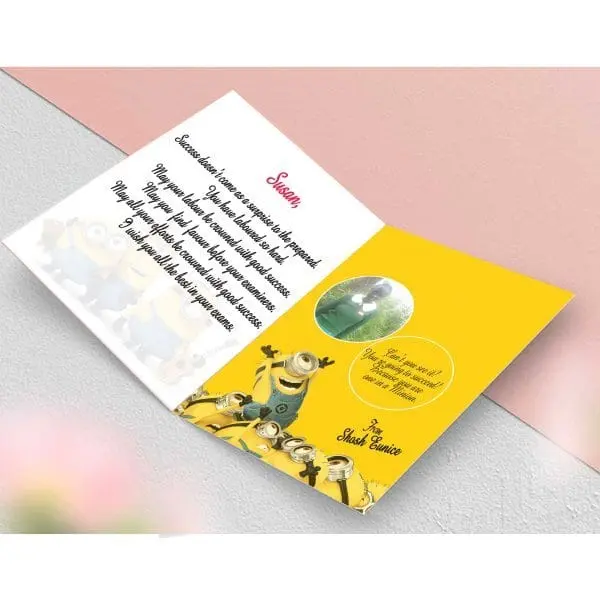 Open yellow fold-out success card with a handwritten-style exam message and a round photo, Success Card, Hensa