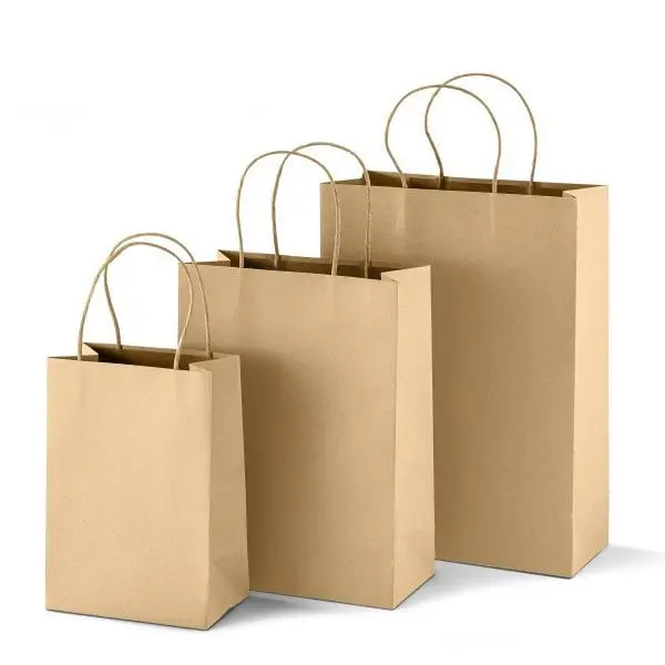 Three khaki paper gift bags of different sizes with twisted paper handles, Khaki Gift Bags, Hensa