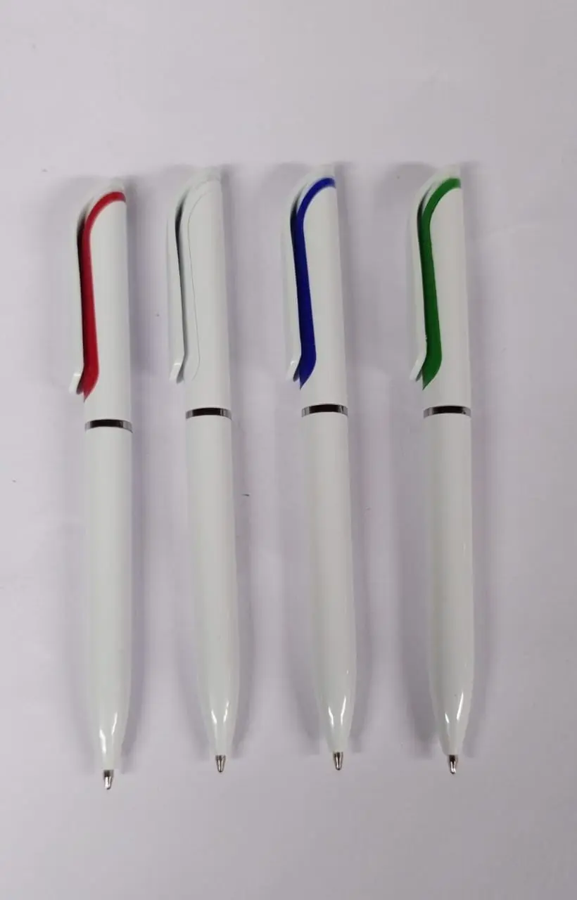 Slim white pens with coloured clip stripes, Hensa