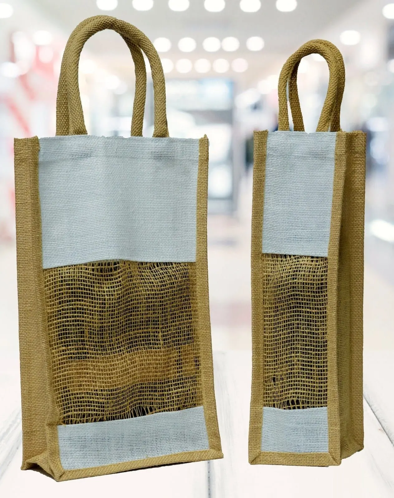 Single and double wine bottle jute bags with a mesh window and jute handles, Hensa