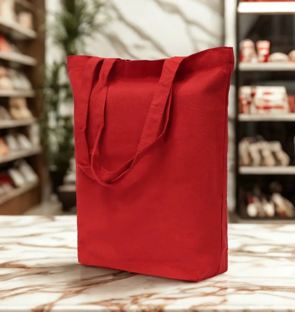 Red canvas tote bag with long flat handles standing on a shop counter, Hensa