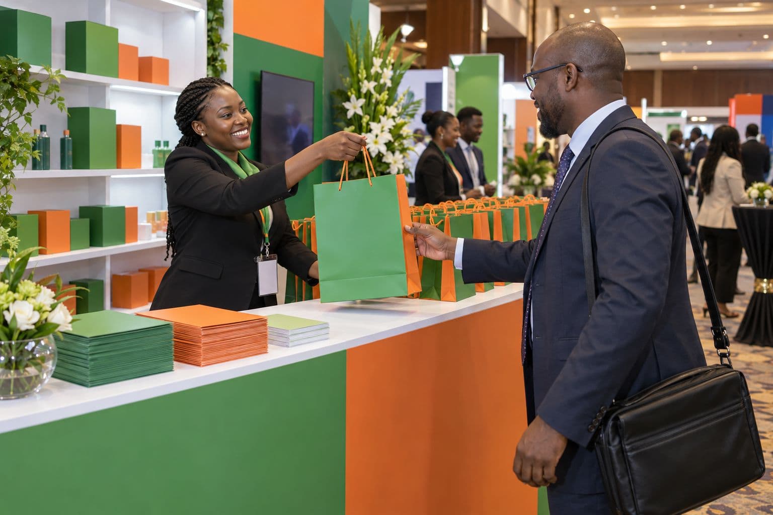 Registration desk at a product launch, a staff member handing a delegate bag to an arriving guest