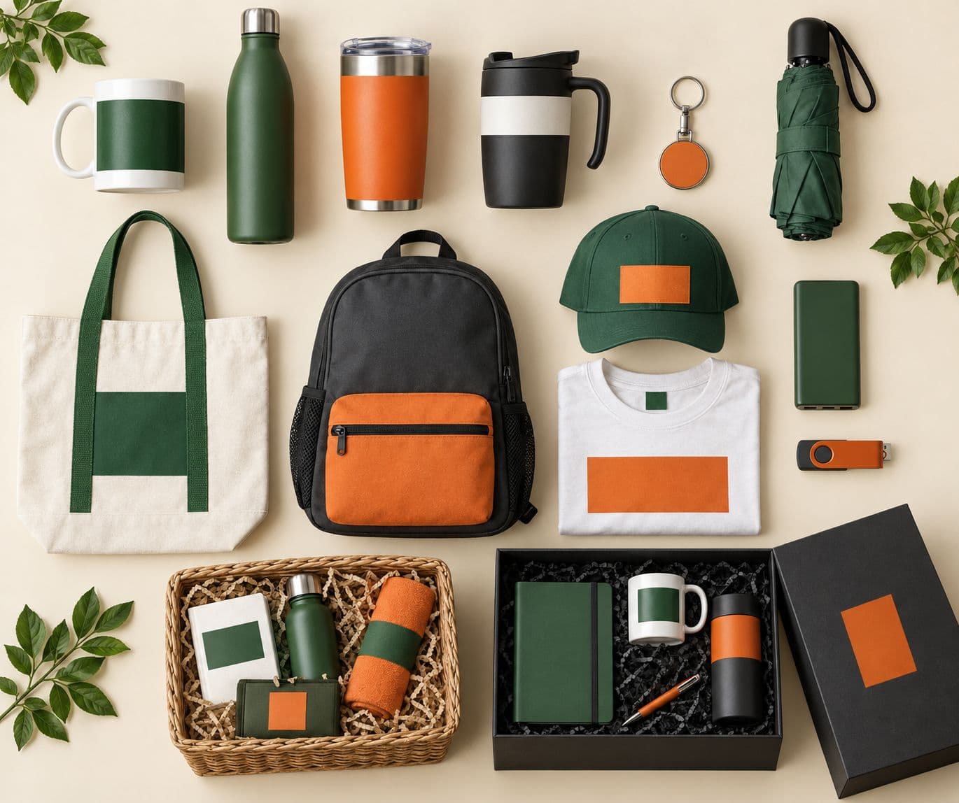 Corporate gifts in green and orange: mugs, bottles, tumblers, an umbrella, tote bag, cap, power bank and a gift hamper