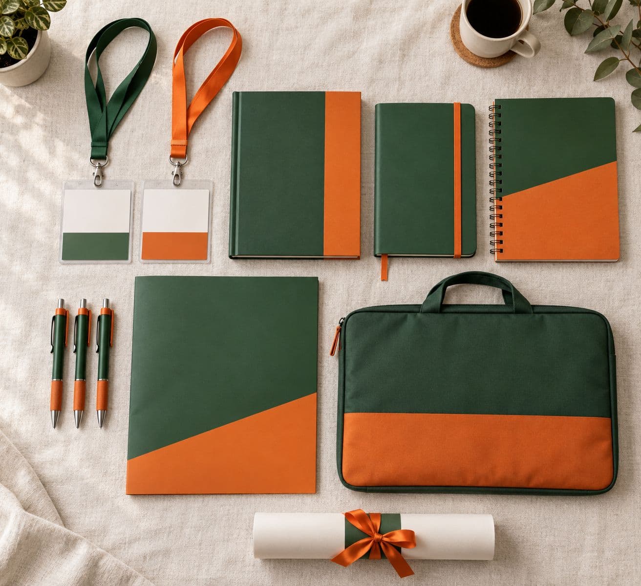 Delegate welcome kit in green and orange: lanyards, name badges, notebooks, pens, a folder and a certificate