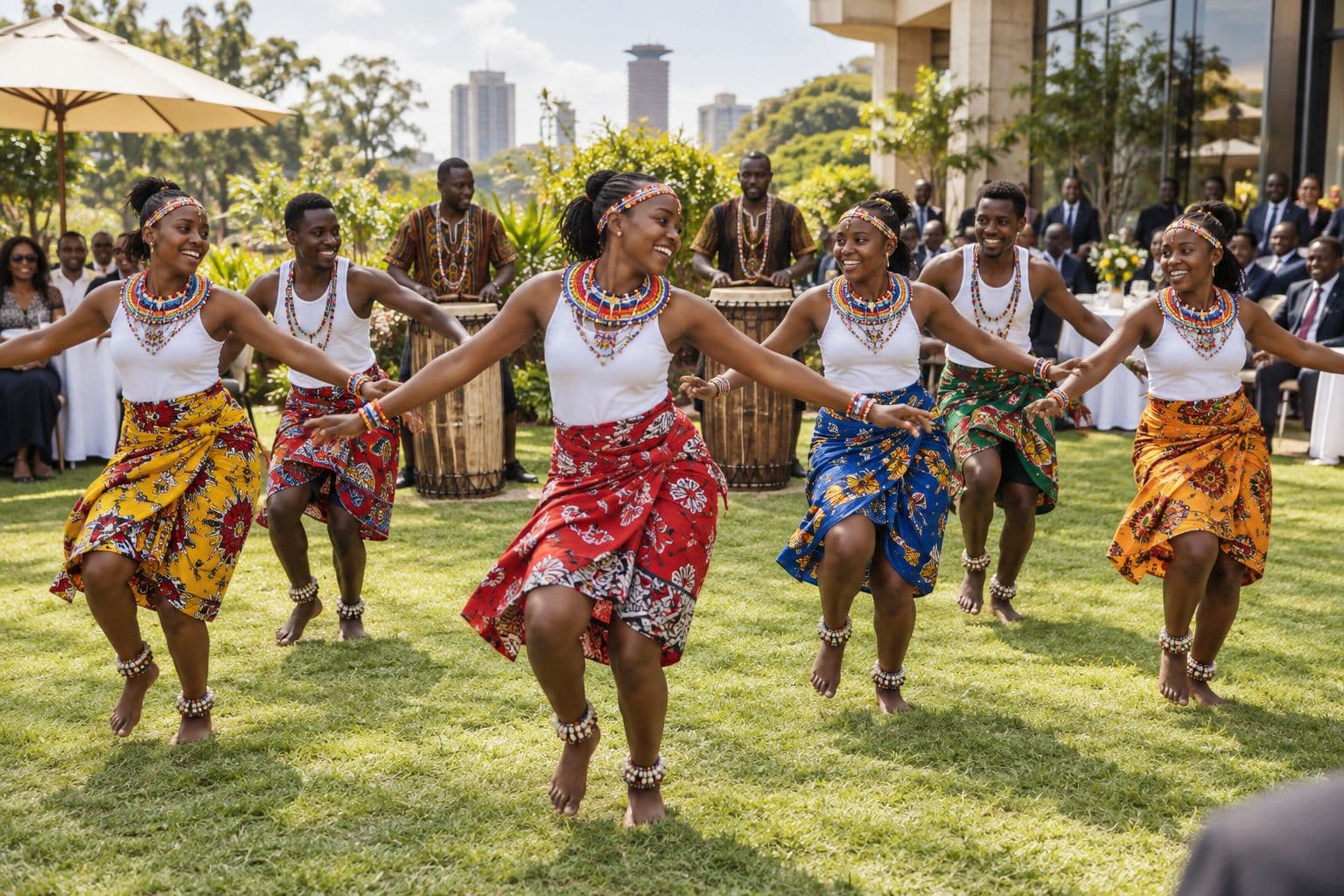 Kenyan traditional dancers in beaded necklaces and kitenge skirts performing on a hotel lawn while drummers play