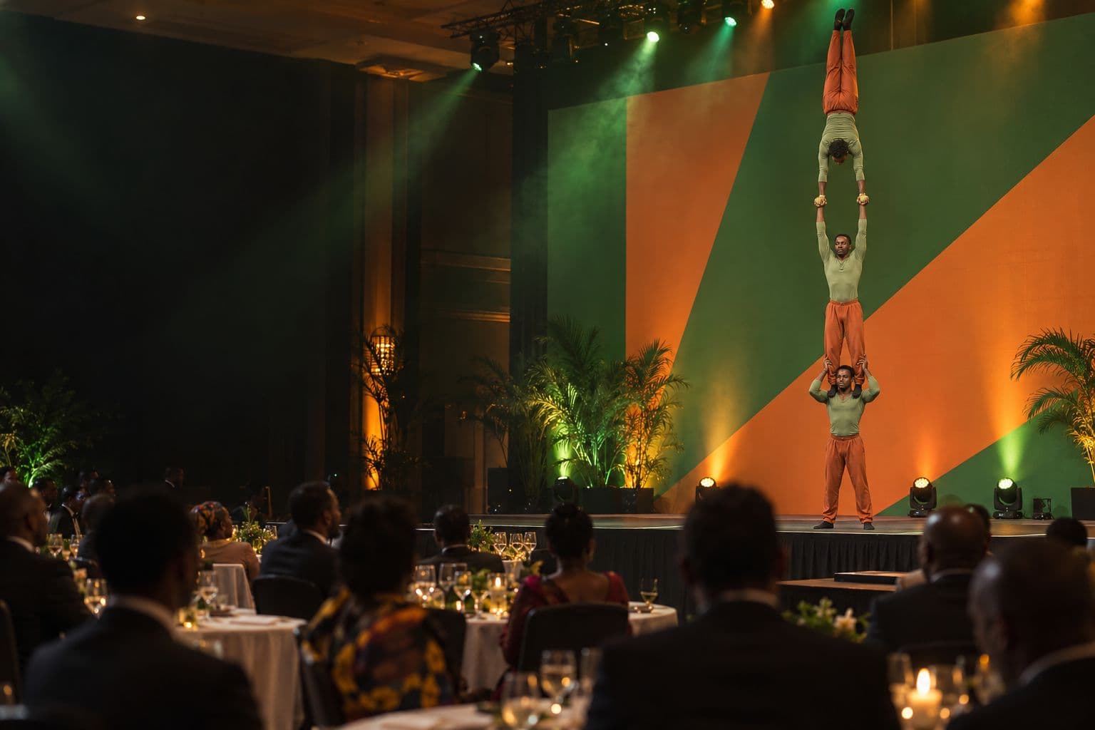 Acrobats forming a three-person human tower on a stage lit green and orange at a corporate gala dinner