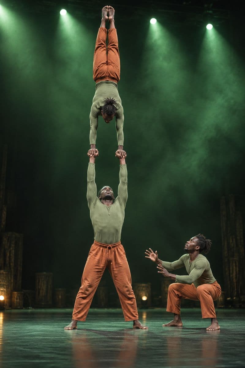 An acrobat holding a handstand on another acrobat's raised hands under green stage light