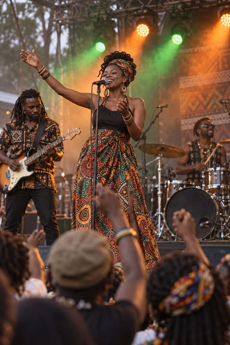 An Afro-fusion band performing on an outdoor stage under orange and green lights