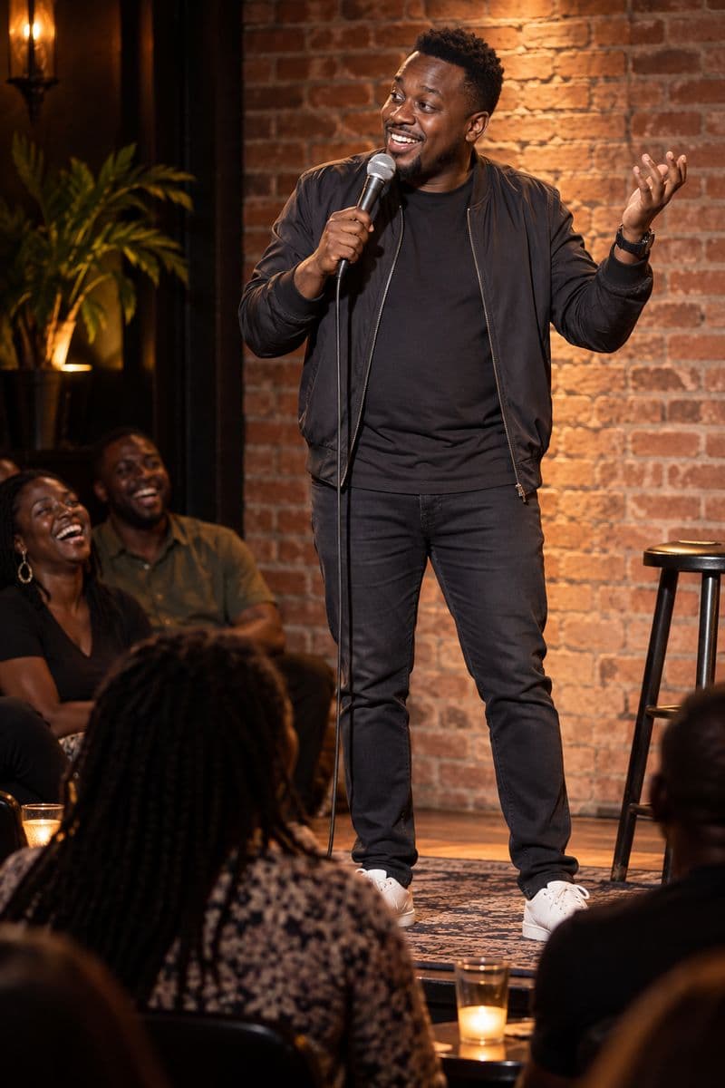A stand-up comedian mid-joke on a small stage with the audience laughing