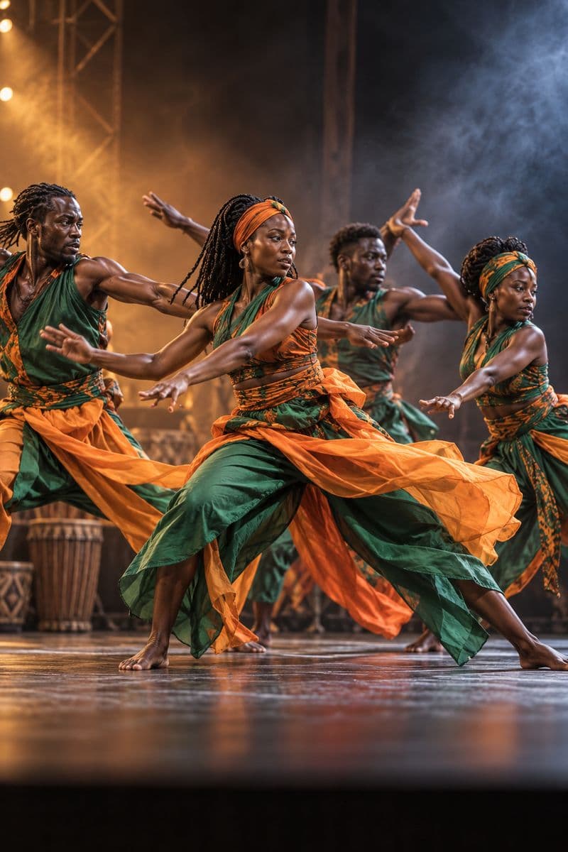 An Afro-fusion dance troupe mid-move on stage in flowing orange and green costumes