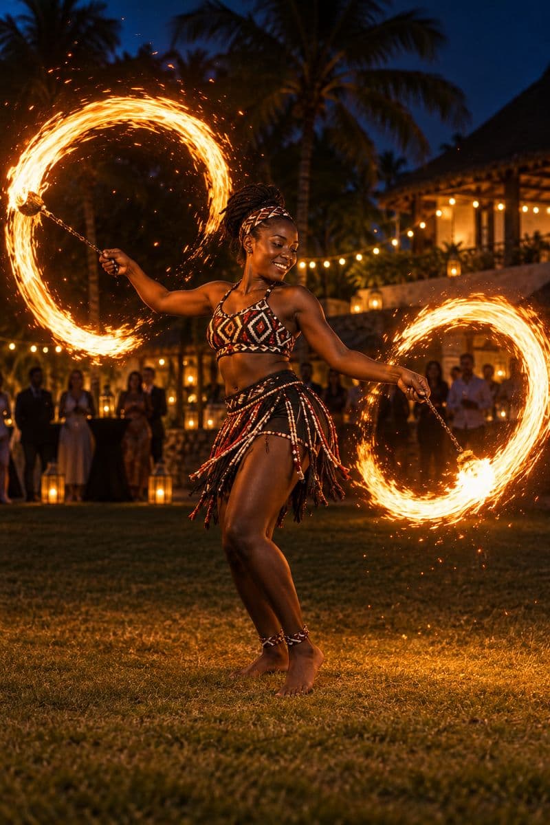 A fire performer spinning flaming poi at night, tracing circles of orange light