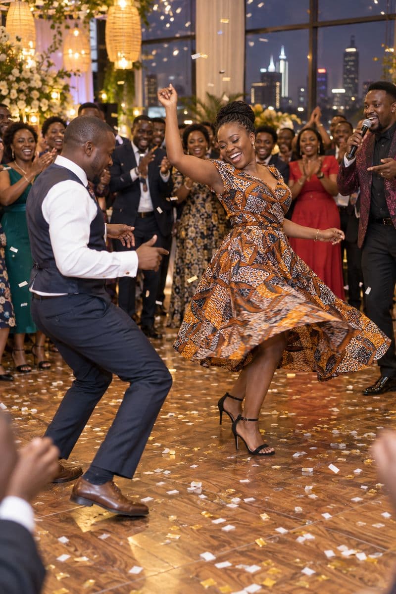 Colleagues in a dance-off surrounded by cheering guests and falling confetti