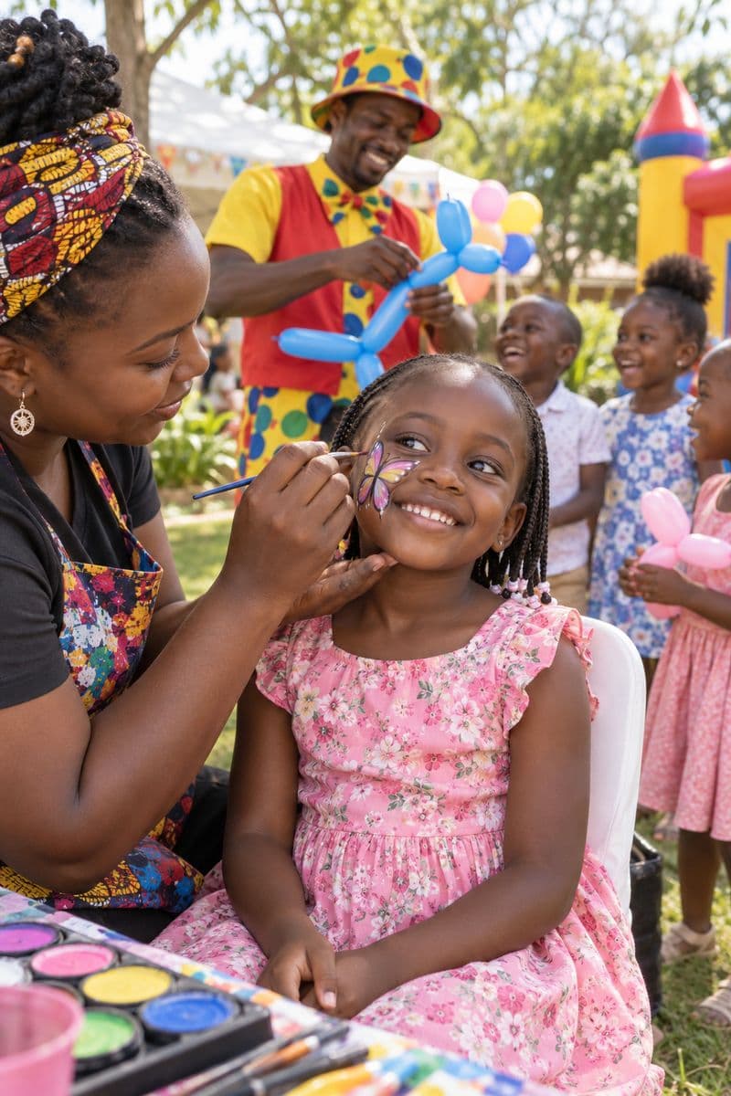 A face painter painting a butterfly on a young girl's cheek while a balloon artist works nearby