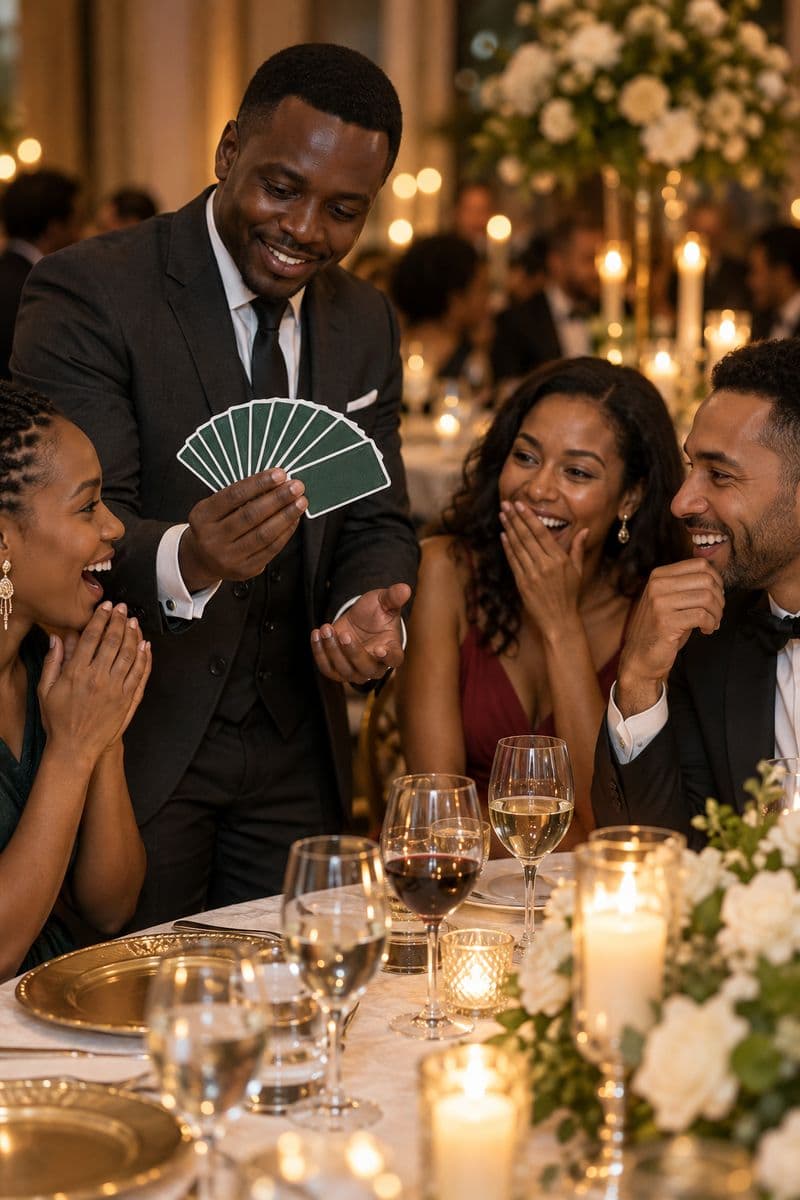 A magician fanning a deck of cards at a gala table while guests react